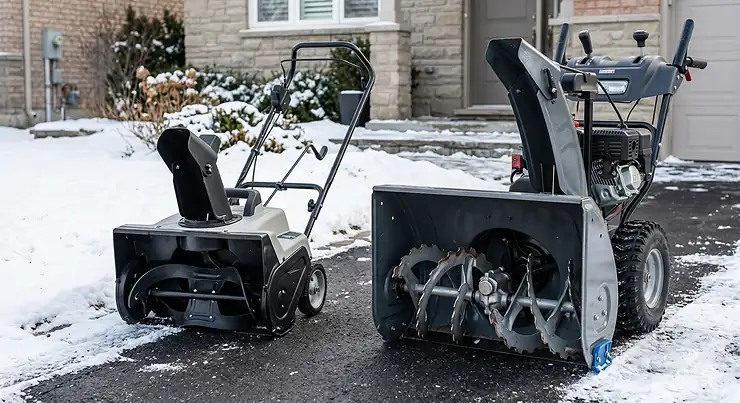 A homeowner clearing a long 100 foot driveway in Canada using a powerful gas-powered snow blower after a heavy winter storm. what size snow blower for 100 foot driveway