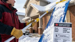 A close-up illustration of a gloved hand on a roof snow rake pole, focusing on an instruction manual with the Canadian flag and bilingual text: 'Roof Snow Rake / Râteau à neige pour toit,' emphasizing safety distance.