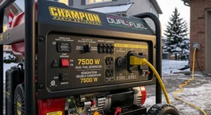 Close-up of a generator for home backup 7500 watts control panel featuring English and French (EN/FR) labels for the Canadian market.