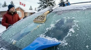 Illustration of a brass blade ice scraper for car glass, showing how it removes ice chips efficiently without scratching the windshield.