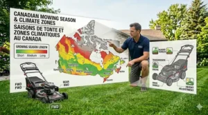 Map of Canada showing regional mowing seasons for users shopping for a self propelled lawn mower.