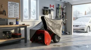 Illustration of a snow blower stored in a Canadian garage, ready for the next 12-inch snowfall event.