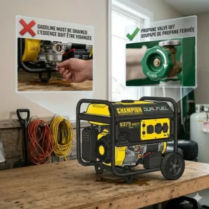 A photorealistic close-up of a bilingual maintenance checklist for the Champion Dual Fuel generator, highlighting oil changes with 0W-30 winter oil on a garage workbench.