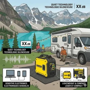 A detailed photorealistic safety guide illustrating the storage of a Champion Dual Fuel generator in a Canadian garage, showing drained gasoline and closed propane valves.