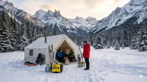 A photorealistic landscape photograph of a winter campsite in the Canadian Rockies where a Champion dual-fuel inverter generator powers a canvas wall tent, with campers visible.
