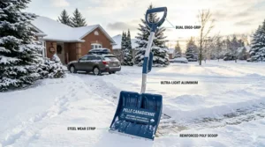 Illustration of a heavy-duty ergonomic snow shovel easily moving a large volume of wet, heavy snow from a sidewalk.