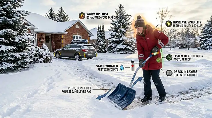 Illustration showing the impact-resistant blade of an ergonomic snow shovel designed to withstand sub-zero Canadian temperatures.