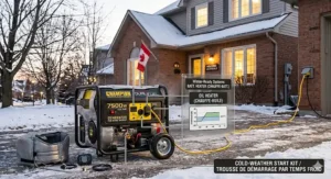 Illustration of a generator for home backup 7500 watts with a cold-weather start kit for harsh Quebec winters.