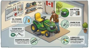 Close-up illustration of ergonomic seating and controls on a riding mower designed for mowing large 1-acre properties.