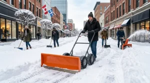 A commercial-grade snow pusher shovel being used to clear a storefront sidewalk in a snowy Canadian downtown.