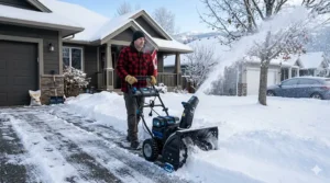 Space-saving electric snow blower folded and stored neatly in a typical Canadian garage alongside winter tires.