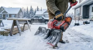 Illustration of a battery-powered snow shovel, a popular example of power tools that work in cold weather for Canadian homeowners.