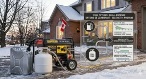 A 7500-watt dual-fuel generator for home backup showing both gasoline and propane tank options for Canadian reliability.
