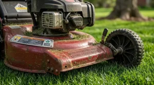 Close-up of a rust-resistant steel deck lawn mower designed to withstand humid Canadian spring conditions and wet grass.