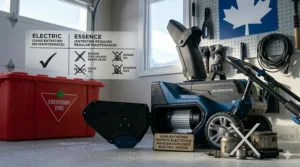 Diagram showing battery interchangeability between EGO and Toro snow blowers and other Canadian lawn care tools.