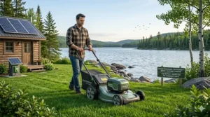 A quiet, battery-powered lawn mower for Canadian climate conscious homeowners, featuring a background of clean Northern scenery.