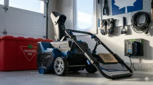 Diagram showing an electric snow blower throwing heavy, wet snow 30 feet away from a suburban walkway.