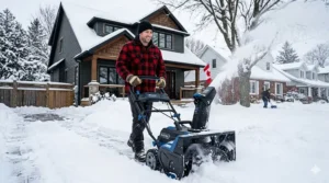 Close-up of snow blower controls with clear labels, suitable for English and French-speaking Canadian users (souffleuse à neige).