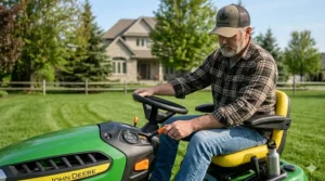Comparison illustration of battery-powered and gas riding mowers for 1-acre lots, highlighting eco-friendly options in Canada.