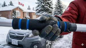 Close-up of an ergonomic foam-grip ice scraper for car windows, providing a comfortable non-slip hold for freezing winter conditions.