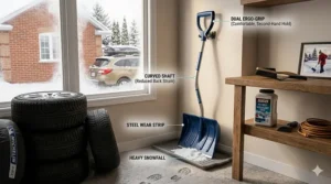 A large-capacity ergonomic sleigh-style snow shovel designed for clearing wide Canadian driveways without lifting.