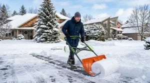 Illustration of an ergonomic snow pusher shovel designed to reduce back strain during Canadian winter maintenance.