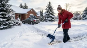 Detailed illustration of an ergonomic snow shovel highlighting the D-grip handle, wear strip, and lightweight shaft for efficient snow removal.