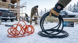 Illustration of a premium rubberized extension cord remaining flexible at -30°C for Canadian winter job sites.