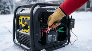 A close-up photorealistic photograph of a gloved hand connecting a battery tender to the electric start battery of a Champion generator in a snowy Canadian winter setting.