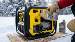 A close-up photorealistic photograph of synthetic 5W-30 motor oil being poured into a Champion generator in a snowy Ontario backyard, demonstrating cold weather maintenance.