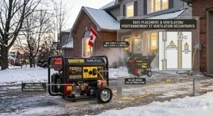 Safety illustration showing proper outdoor placement of a 7500-watt generator away from Canadian home windows and vents.