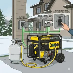 An infographic wattage calculator showing essential Canadian household appliances like a sump pump and furnace fan powered by a 3850W portable generator.