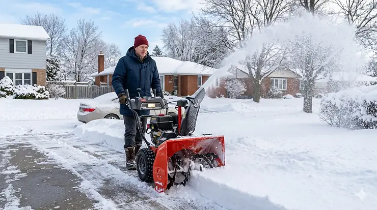 A powerful two-stage snow blower clearing a 12-inch snowfall from a deep Canadian driveway in mid-winter.