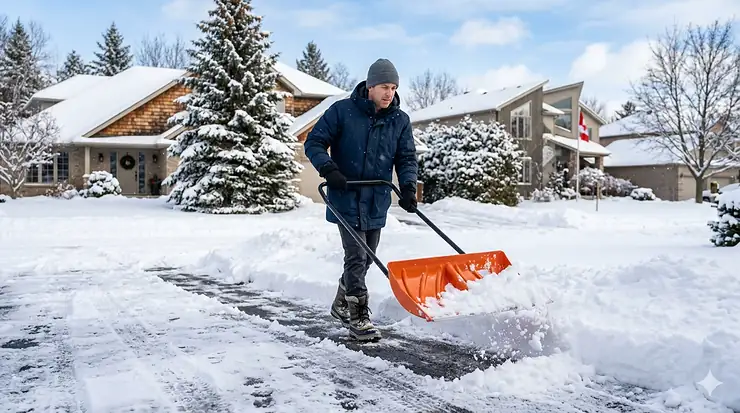 A Canadian homeowner using a heavy-duty snow pusher shovel to clear a deep snowdrift from a residential driveway in winter.