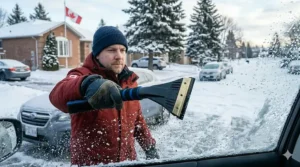 A 2-in-1 ice scraper for car maintenance featuring a rubber squeegee to remove slush and moisture from side windows and mirrors.