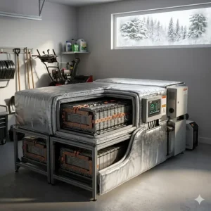 Illustration of an insulated Canadian garage setup to maintain lithium battery performance during extreme cold weather.