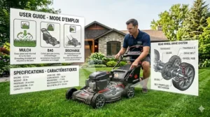 An icon representing a bilingual English and French user manual for a self propelled lawn mower sold in Canada.
