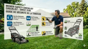 Infographic showing essential safety gear for operating a self propelled lawn mower in Canada.