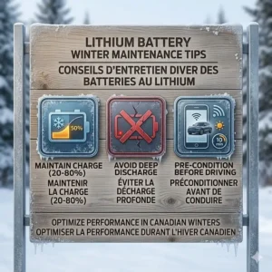 A clean icon-based illustration showing best practices for protecting lithium battery performance in cold weather.