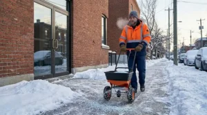 Graphic comparing the even distribution of a manual ice melt spreader versus wasteful hand-tossing methods.