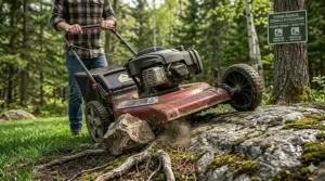 A mower with high-suction mulching capabilities clearing heavy autumn leaves from a lawn in Ontario or Quebec.