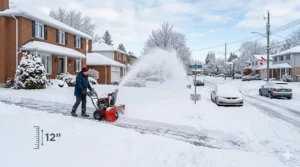 Illustration of a residential Ottawa street with deep snow, highlighting the need for a heavy-duty blower.