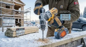 Close-up illustration of a power drill with an oversized trigger designed for use with thick winter work gloves.