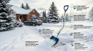 An illustration of a premium snow tool labeled as an ergonomic snow shovel and pelle à neige ergonomique for the Canadian market.