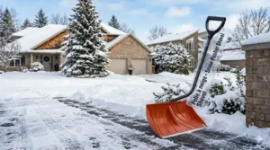 A high-quality snow pusher shovel (pelle à neige) leaning against a brick wall in a snowy Montreal neighborhood.