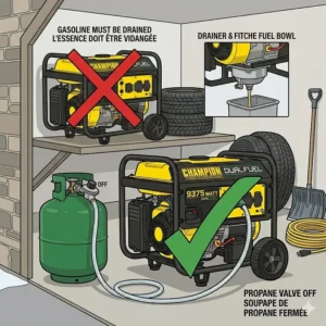 A bilingual (English/French) illustration of a maintenance checklist on a clipboard, showing seasonal oil changes and spark plug care for a portable generator.