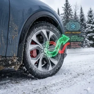 A visual representation of limited regenerative braking efficiency on a lithium-ion system during a Canadian winter freeze.