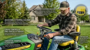Illustration comparing a one-acre property to a hockey rink to show why a riding mower is necessary for Canadian homeowners.