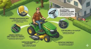 Infographic illustration of a maintenance schedule for a riding mower for 1 acre, including blade sharpening and oil changes.