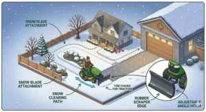 Illustration demonstrating the stability of a riding mower on the uneven or sloped terrain common in rural Canadian acreages.